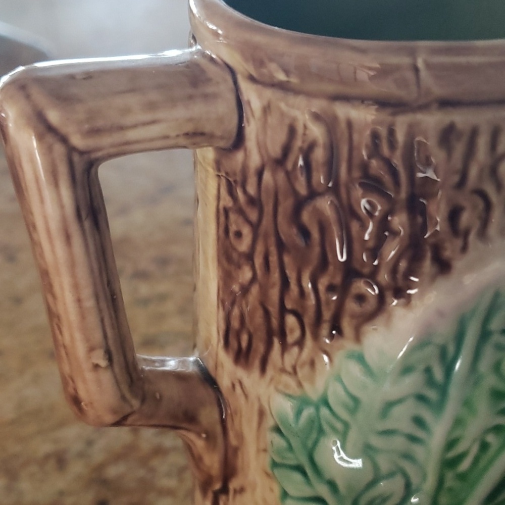 Antique Majoica Begonia Fern Leaf Rustic Tree Bark Planter Vase, Decor Pitcher - Picture 13 of 16